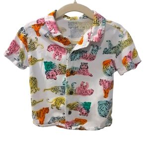 Cat & Jack White and Multicolored Button Down Shirt with Playful Tiger Print